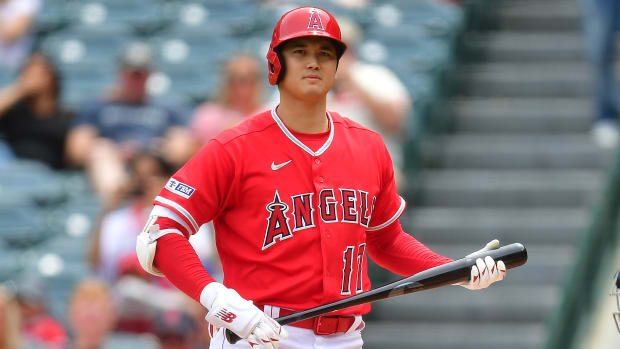 Angels hitter Shohei Ohtani holds his bat